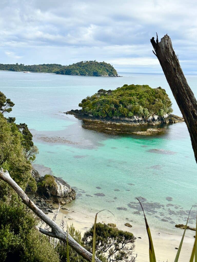 A small, tree-covered island sits in clear turquoise water near the shore, with a sandy beach and lush green foliage at the foreground, and a larger island under a cloudy sky in the background.