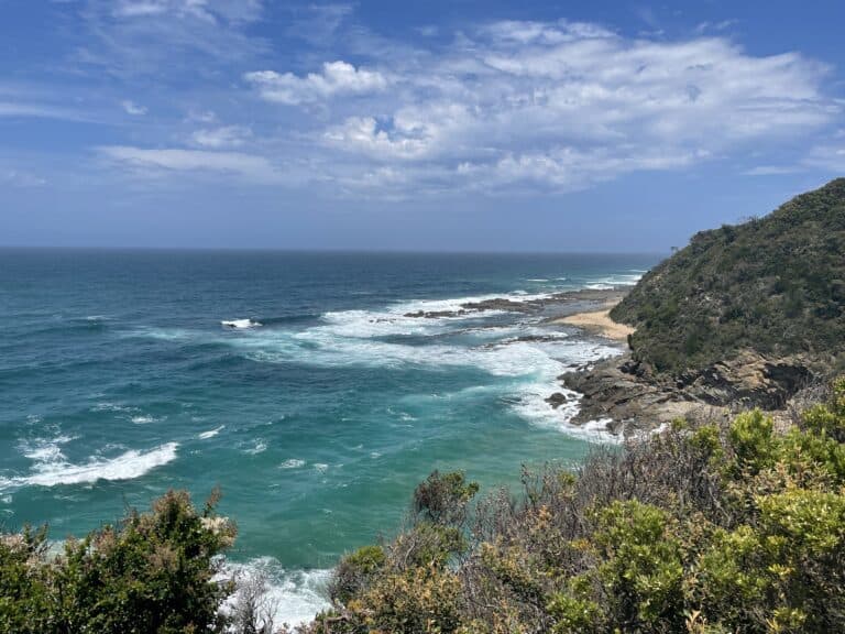 Coastal view showing turquoise waves crashing against rocky shores under a blue sky, with lush green foliage in the foreground, perfectly capturing the essence of hiking the Great Ocean Road.