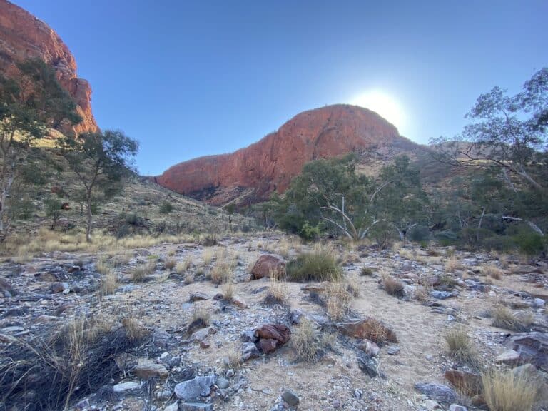 Sunrise over a rugged landscape with a large red rock formation and scattered vegetation, highlighting the natural beauty of the Larapinta Trail environment.