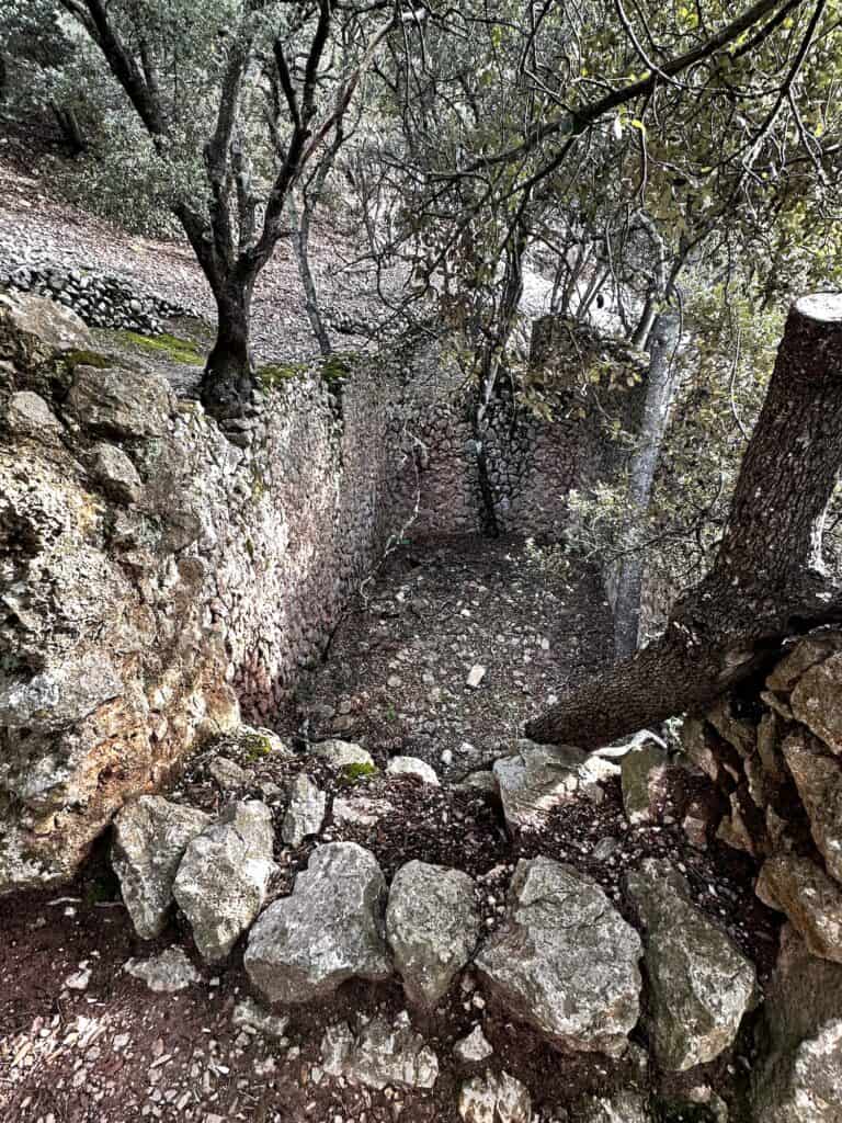 A stone-walled sunken area surrounded by trees, with a stone wall forming a narrow passage. The ground is covered in rocks and fallen leaves.