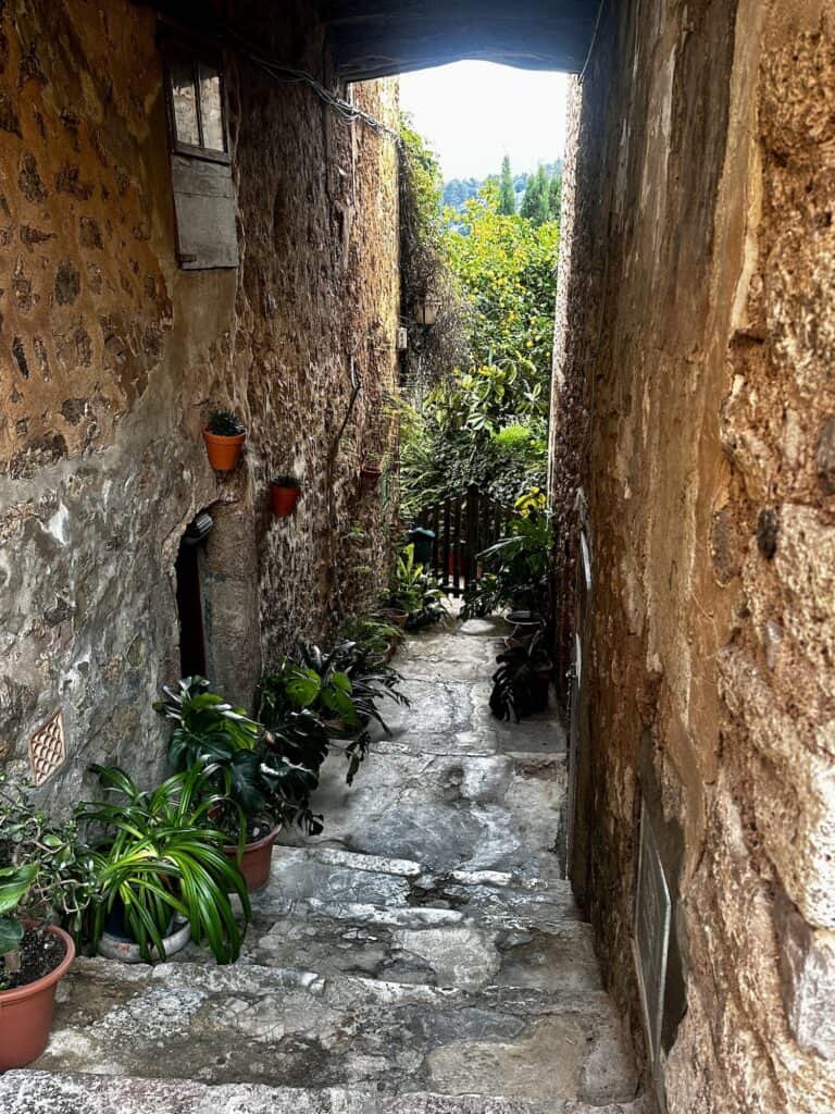 A narrow stone alleyway with potted plants on the sides leading to an archway, through which trees and greenery are visible.