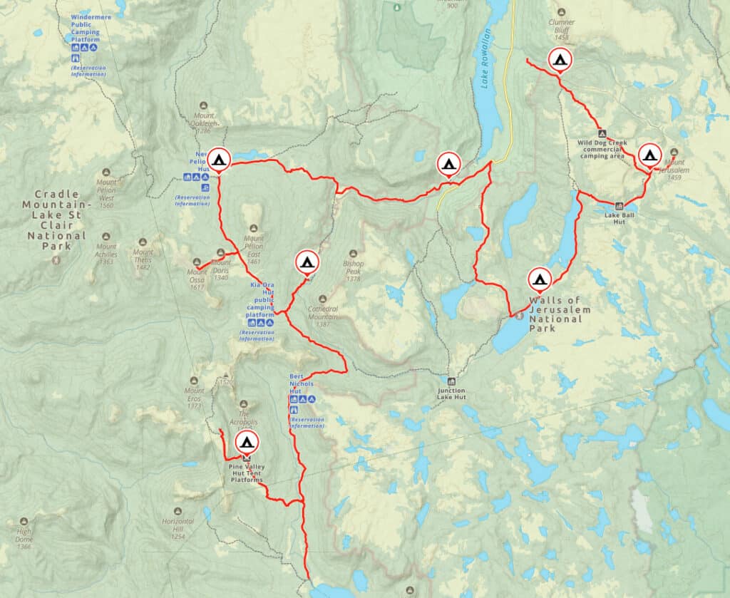 Topographical map showing marked hiking trails, including Overland via Lees Paddock, and camp locations within Cradle Mountain-Lake St Clair National Park and the Walls of Jerusalem Tasmania.