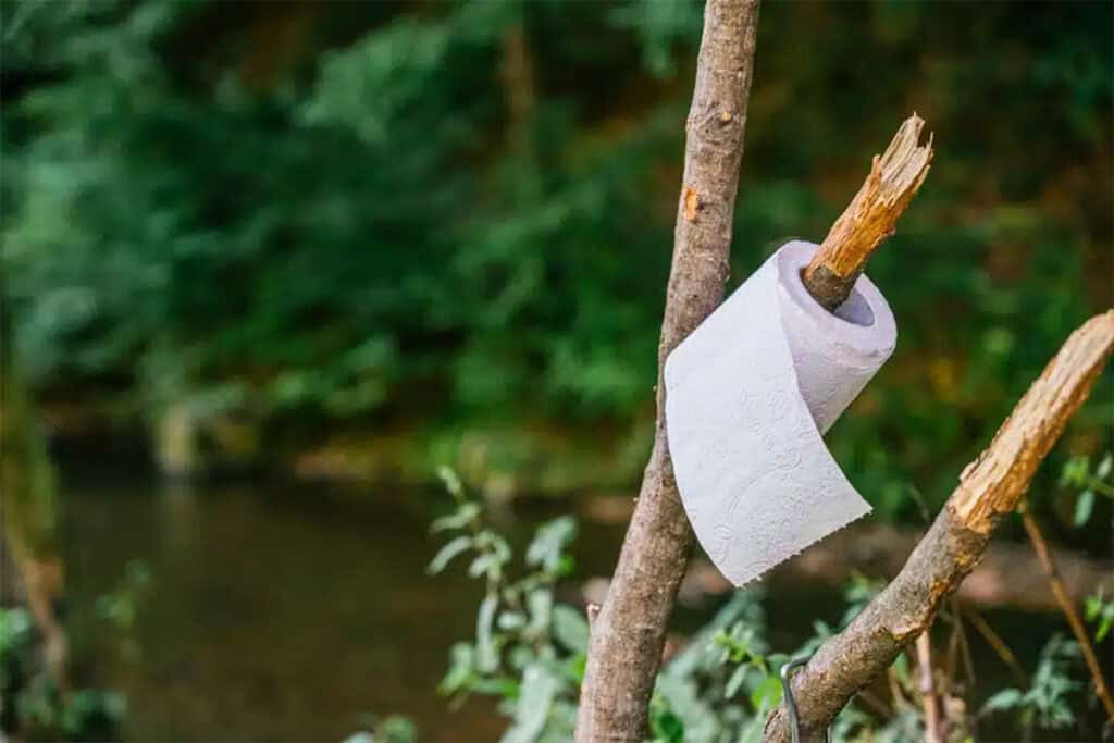 A roll of toilet paper hangs on a broken tree branch in a forested area, an amusing reminder to always pack a hiking toilet kit when exploring nature.