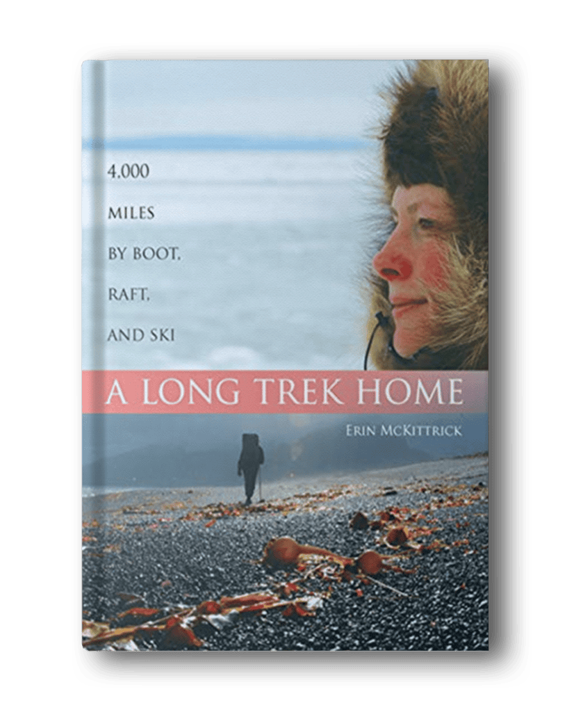 Cover of the book "A Long Trek Home" by Erin McKittrick. Features an image of a woman in a fur-lined hood with a scenic landscape of a lone traveler on a rocky shoreline in the background, perfect for fans of hiking books for women.