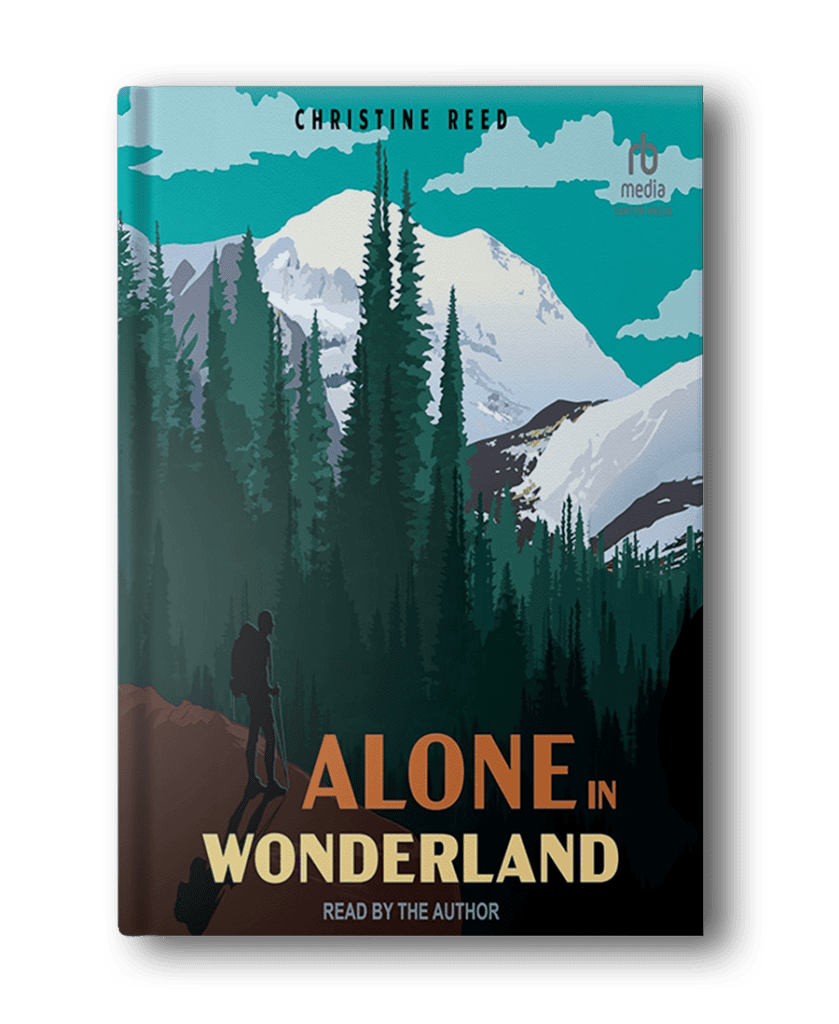 A book cover titled "Alone in Wonderland" by Christine Reed features an illustration of a hiker in a forest with mountains and a cloudy sky in the background. Perfect for fans of hiking books for women, this audiobook is read by the author herself.