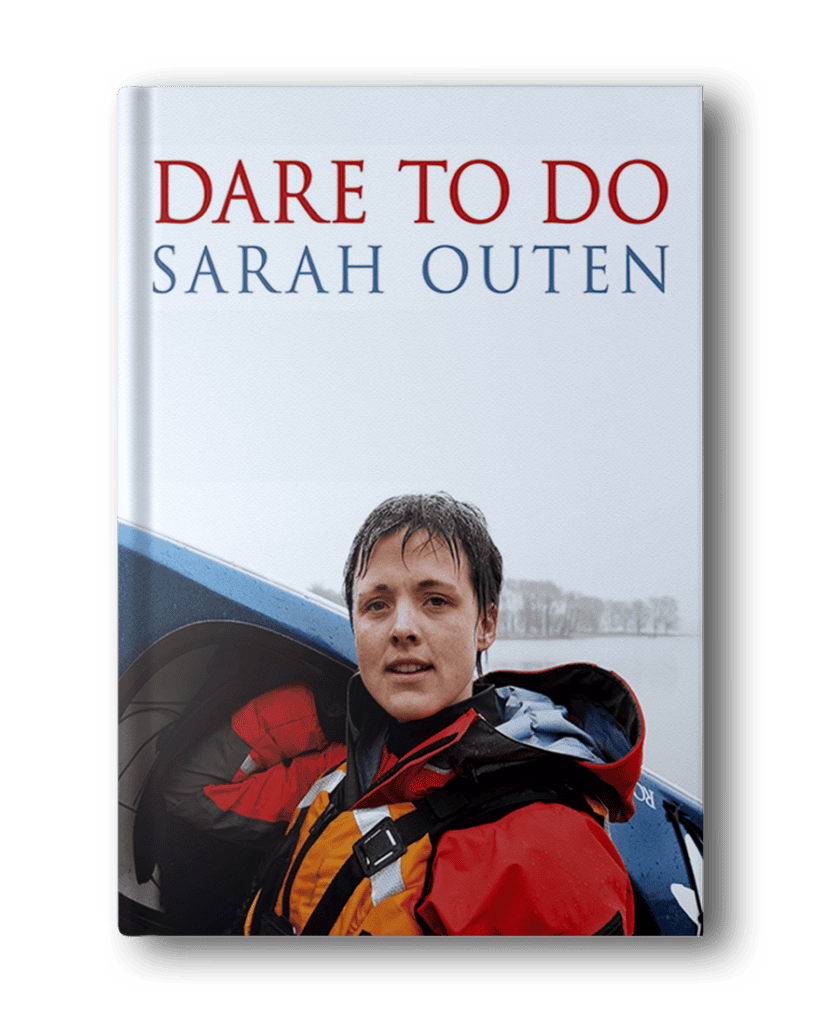 Book cover of "Dare to Do" by Sarah Outen. Features the author in outdoor gear, standing next to a boat with a calm water background, capturing the essence of hiking books for women.