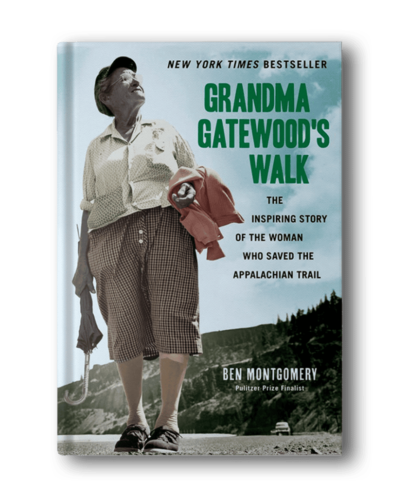 Cover of the book "Grandma Gatewood's Walk" by Ben Montgomery, depicting an elderly woman standing on a road, wearing hiking clothes and carrying a bag and a walking stick; perfect for fans of hiking books for women.
