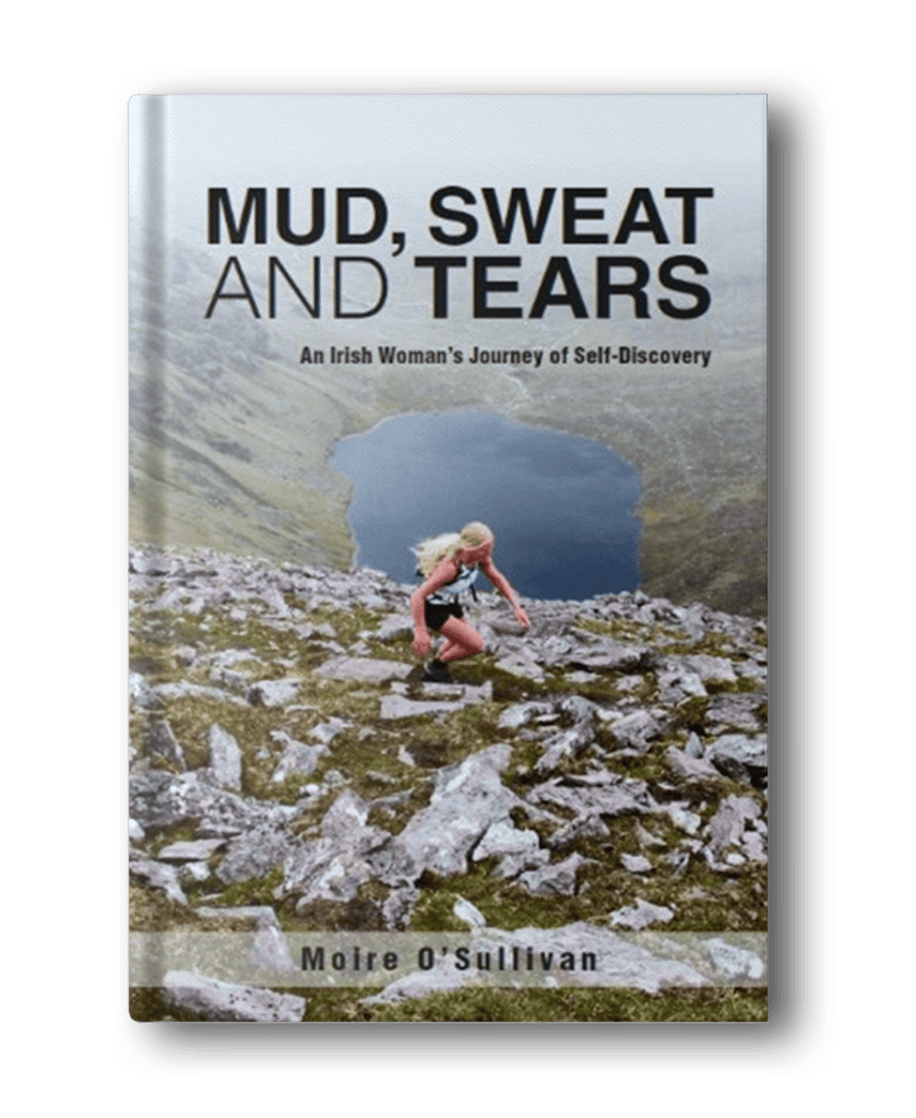 Cover of the book "Mud, Sweat, and Tears" by Moire O'Sullivan, showing a female runner on a rocky landscape with a body of water in the background. Subtitled "An Irish Woman’s Journey of Self-Discovery," it's an inspiring addition to hiking books for women.