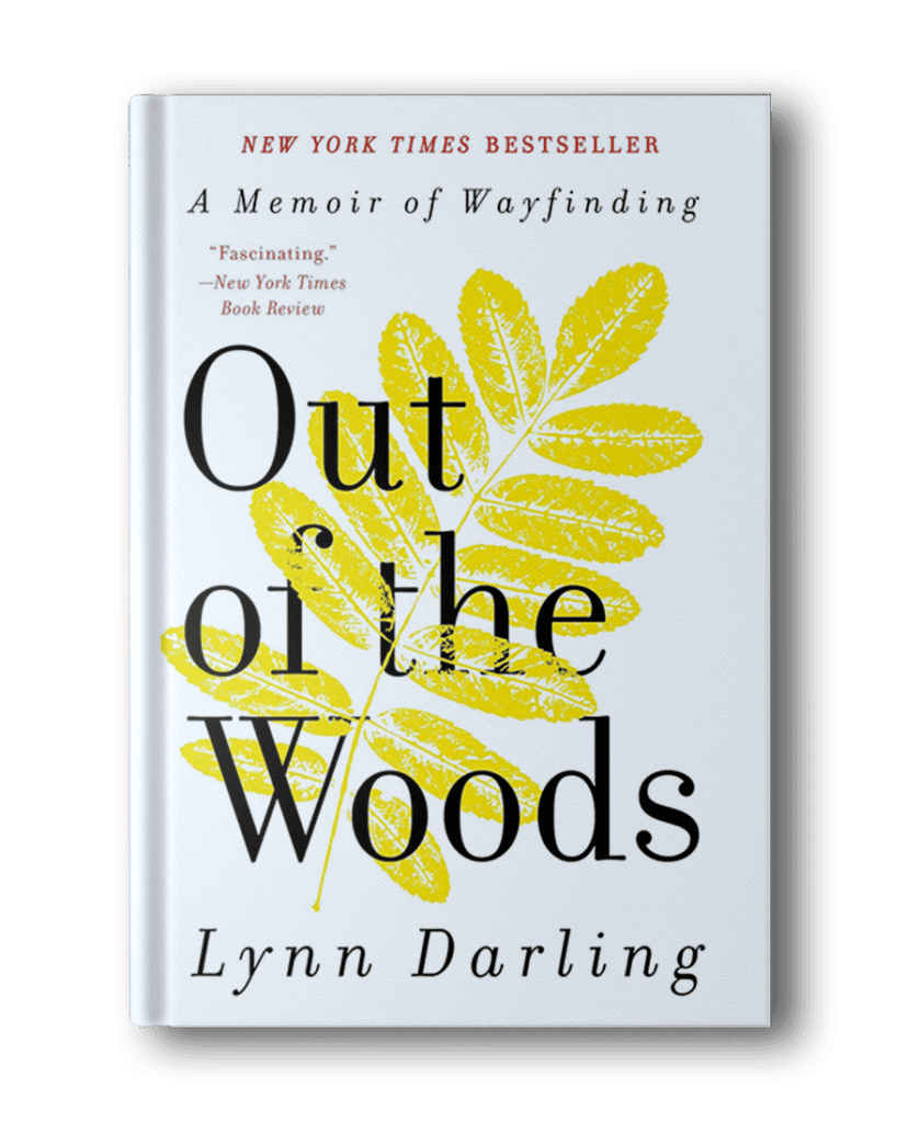 The image shows the cover of the book "Out of the Woods: A Memoir of Wayfinding" by Lynn Darling, a favorite among hiking books for women, featuring a prominent yellow leaf and review excerpts at the top.