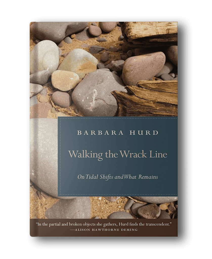 Cover of the book "Walking the Wrack Line: On Tidal Shifts and What Remains" by Barbara Hurd. The cover features an image of assorted pebbles and driftwood on a beach, capturing a journey akin to those found in hiking books for women.