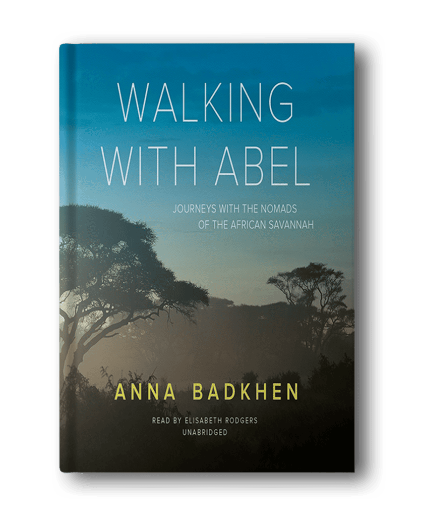 Cover of the audiobook "Walking with Abel: Journeys with the Nomads of the African Savannah" by Anna Badkhen, read by Elisabeth Rodgers. Ideal for fans of hiking books for women, the cover features a silhouette of trees against a twilight sky.