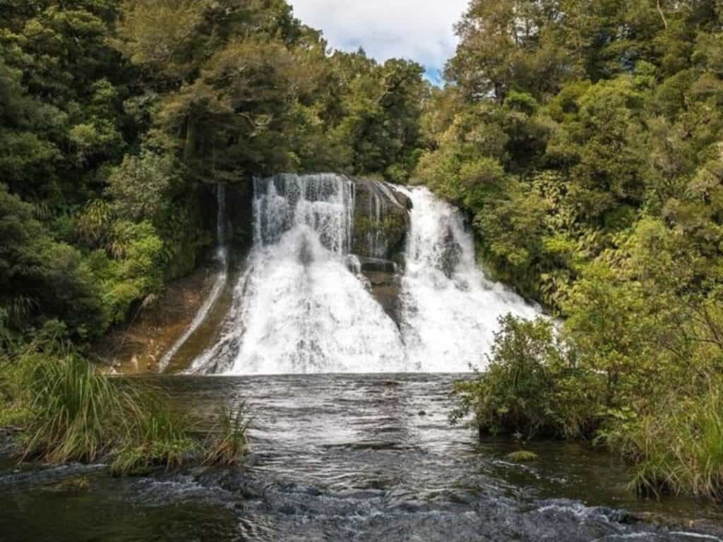 A picturesque waterfall on New Zealand's North Island cascades down rocky ledges surrounded by lush forest. The water flows into a calm pool below, just like the serene landscapes you'll encounter while hiking Mount Taranaki, where the sky peeks through treetops, adding blue to the vibrant greenery.