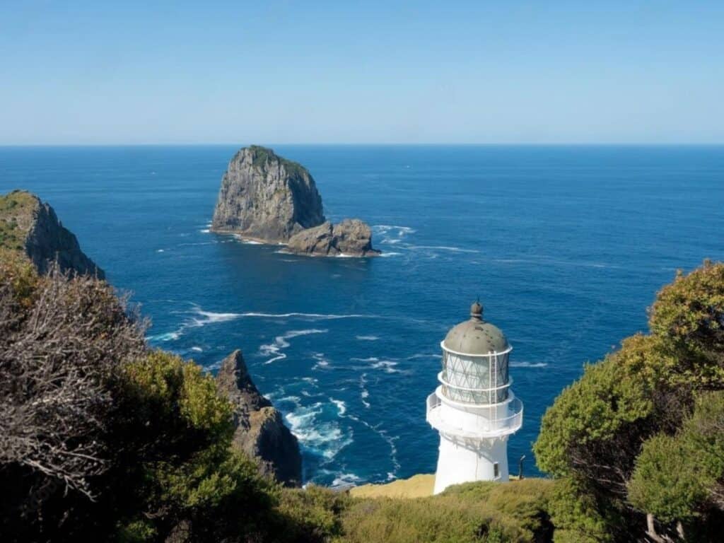 A scenic view of a white lighthouse overlooking the ocean, with rocky outcrops in the water under a clear blue sky, evokes the sense of adventure you find hiking New Zealand's North Island. Bushes and greenery surround the lighthouse in the foreground, adding to its natural charm.